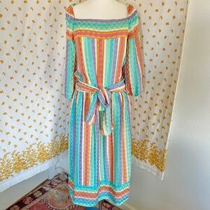 Vintage 70s Silk Pastel Stripe Midi Dress Encore Size 14 Pockets